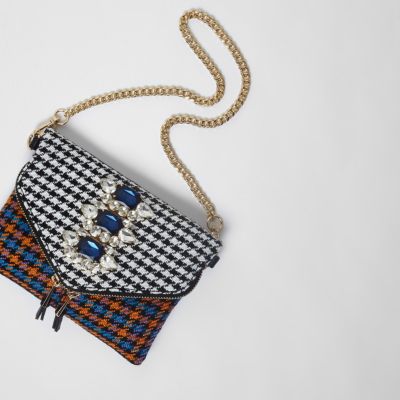 Orange check gem embellished chain bag