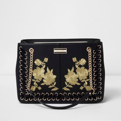 Black floral embroidered chain tote bag
