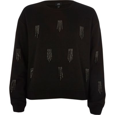 Schwarzes Sweatshirt mit Pailletten und Quasten
