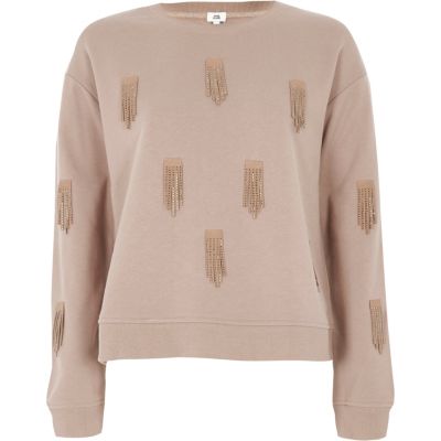 Beige Sweatshirt mit Paillettenverzierung