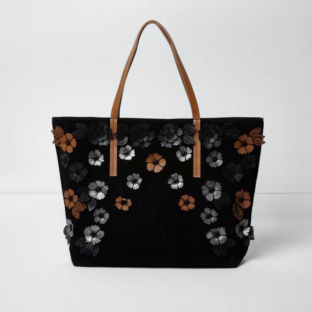 Black suede 3D flower tote bag - Bags & Purses - Sale - women