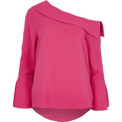  Pink  one shoulder flared long  sleeve  top Blouses Tops  