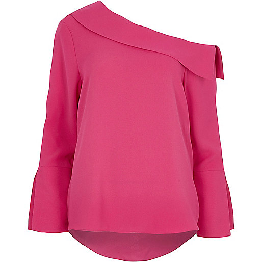 Pink one shoulder flared long sleeve top Blouses Tops Pink one shoulder flared long sleeve top Blouses Tops