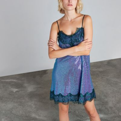 River Island Ashish - Blauwe kanten slipdress met lovertjes