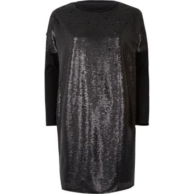 T-shirt oversize noir à sequins à manches longues