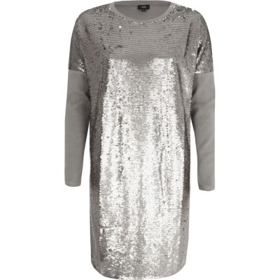 River Island Zilverkleurig oversized T-shirt met lovertjes en lange mouwen