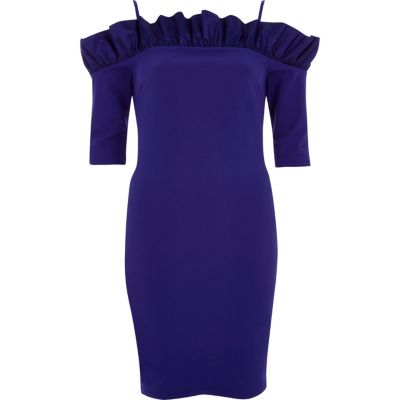 River Island Blauwe mini-jurk in bardotstijl met ruches