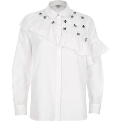 White jewel embellished frill front shirt