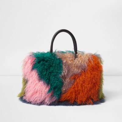 Orange mongolian fur patchwork large tote bag