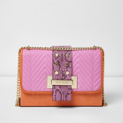 Orange block cross body snake tab bag