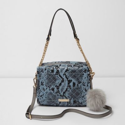 Petit cabas imprimé serpent bleu à chaîne et pompon