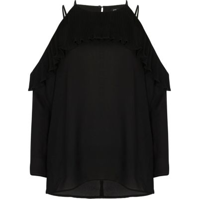 Black cold shoulder pleated frill blouse