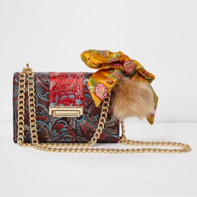Red floral jacquard satin scarf crossbody bag