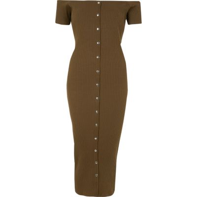 River Island Kaki bodycon maxi-jurk in bardotstijl met knopen