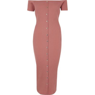 River Island Roze bodycon maxi-jurk in bardotstijl met knopen