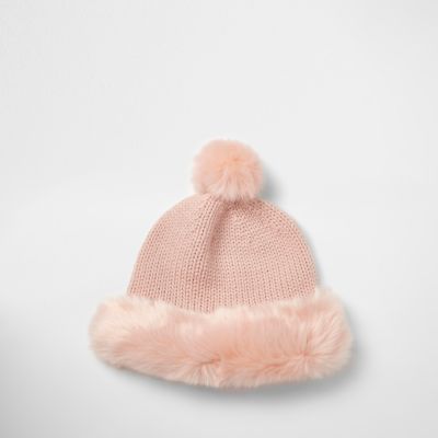 Light pink faux fur trim beanie hat