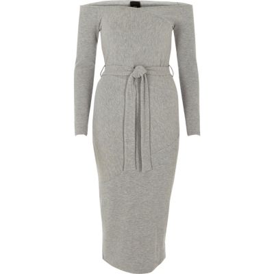 Light grey bardot tie waist midi dress