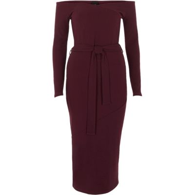 Burgundy bardot tie waist midi dress