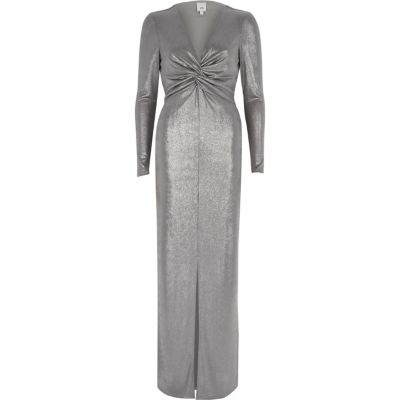 Silver metallic knot front bodycon maxi dress