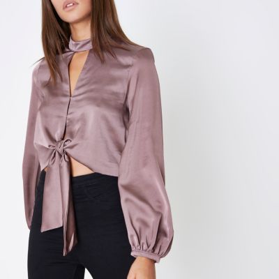 Dark purple satin choker long sleeve crop top