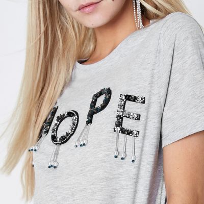 Petite grey marl ‘hope’ embellished T-shirt
