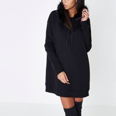 Black longline faux fur trim hoodie