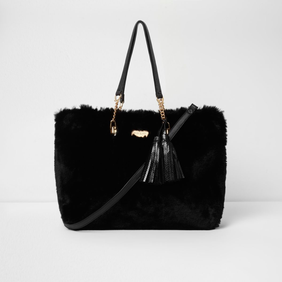 Black faux fur front tassel large tote bag - Bags & Purses - Sale - women
