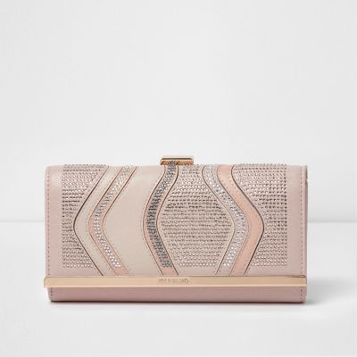 Pink diamante embellished clip top purse