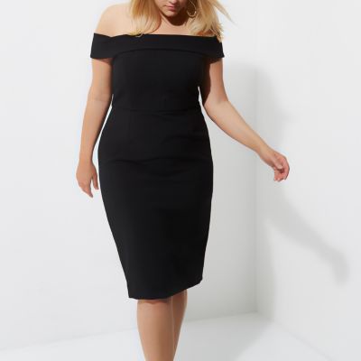 River Island RI Plus - Zwarte bodycon midi-jurk met ruches achter