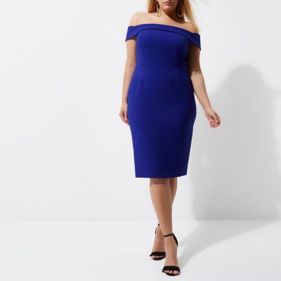 Plus – Robe Bardot moulante mi-longue bleue