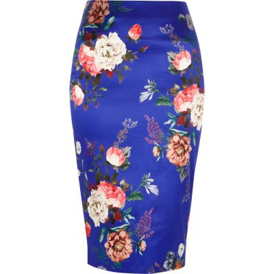 Jupe crayon satinée à fleurs bleue