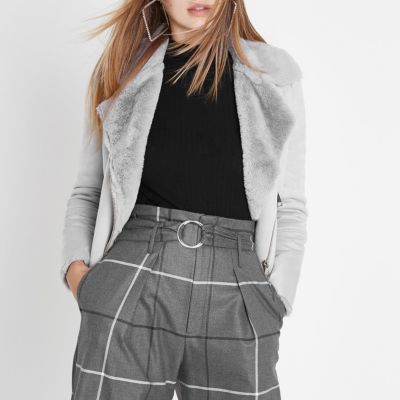 Grey faux shearling biker jacket