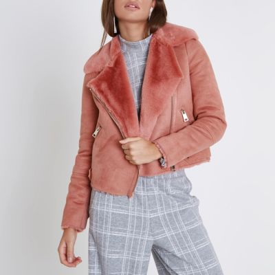 Pink faux shearling biker jacket