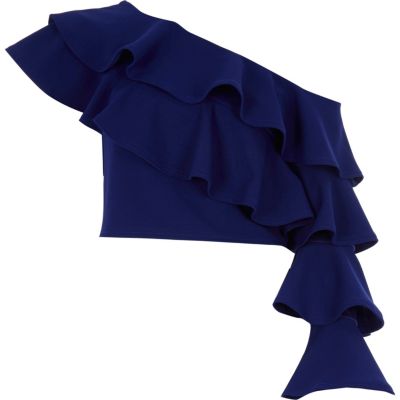 Blue ruffle one shoulder fitted crop top