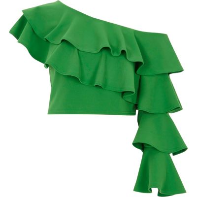 Green frill one shoulder crop top