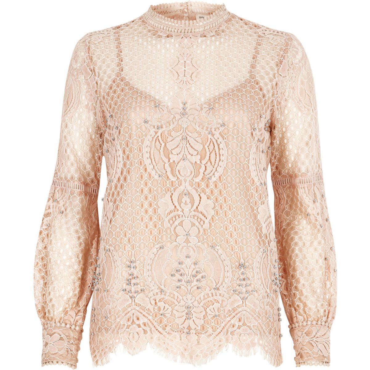 Light pink lace high neck beaded top - Tops - Sale - women