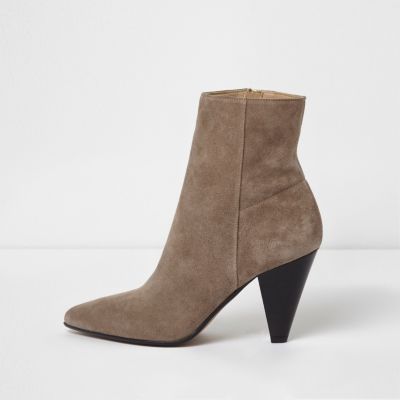 Dark beige suede pointed cone heel boots