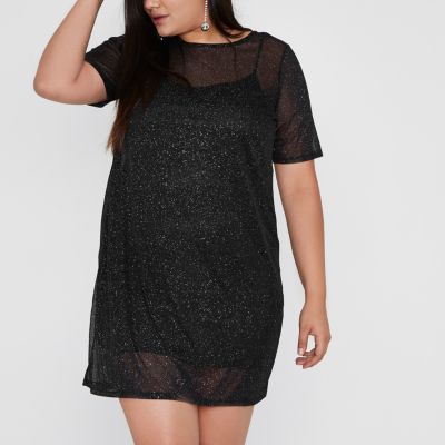 River Island RI Plus - Zwarte T-shirtjurk met mesh en glitters