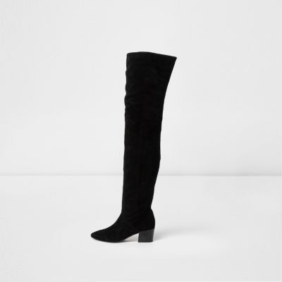 Black suede over the knee block heel boots