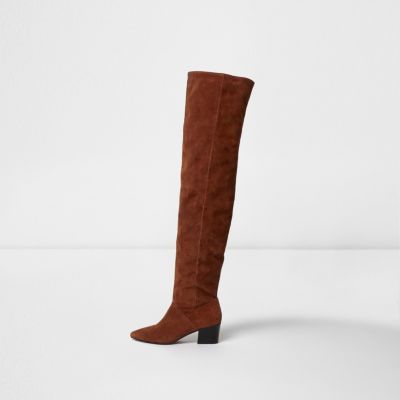 Brown suede over the knee block heel boots