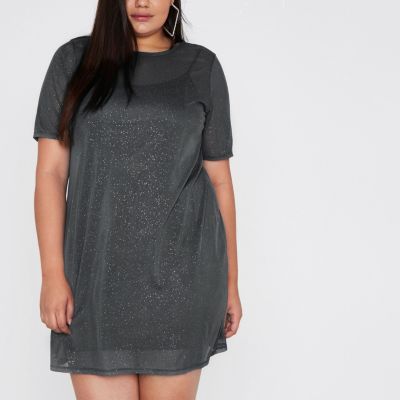 River Island RI Plus - Grijze T-shirtjurk met mesh en glitters