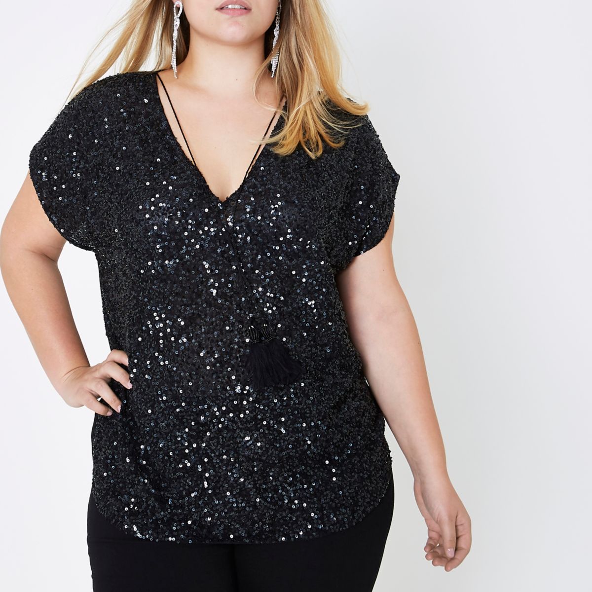 2019 v neck plus size sequin embellished t shirt