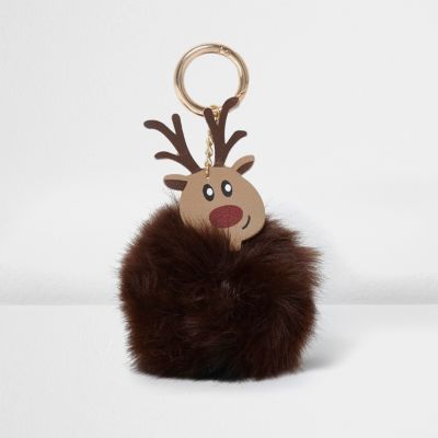Bruine rendier-sleutelhanger met pompon van imitatiebont