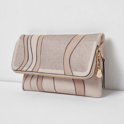 Roze clutch met overslag, heatseal-sluiting en siersteentjes