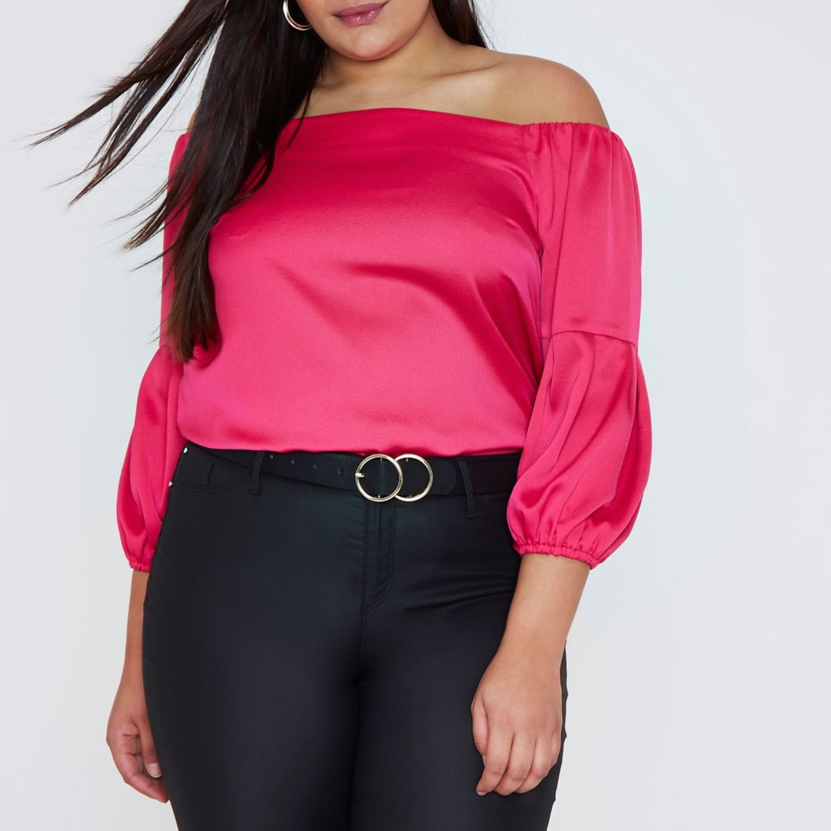 Plus bright  pink  bardot puff sleeve  top Tops  Sale women