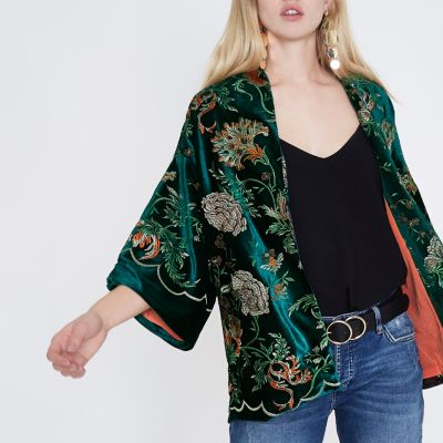 Green velvet floral embroidered kimono