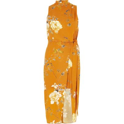 Robe mi-longue orange à fleurs avec col montant et ceinture