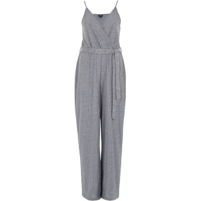 Dark grey rib wide leg wrap belted jumpsuit