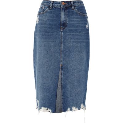 Mittelblauer Bleistiftrock im Used-Look