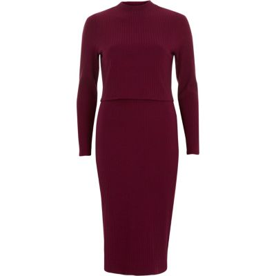 Doppellagiges Bodycon-Midikleid in Bordeaux